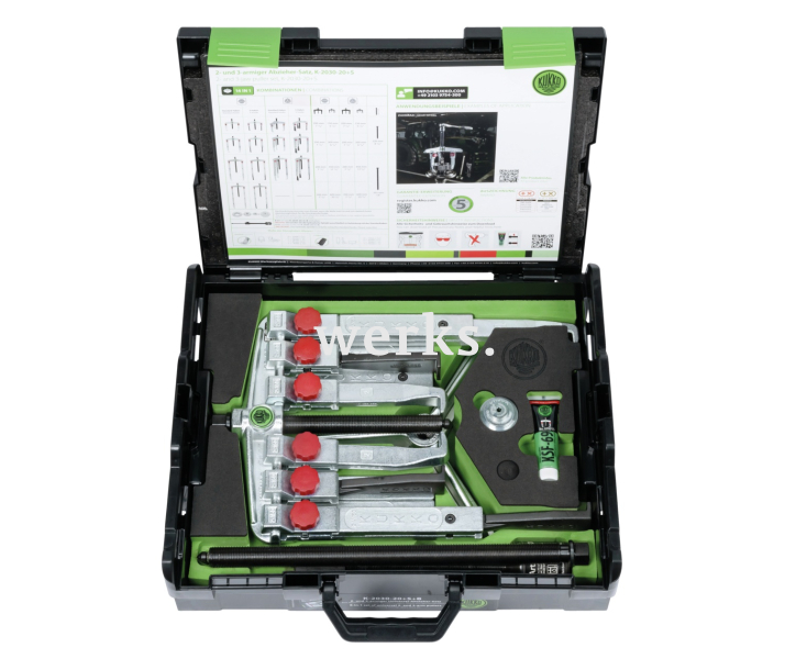 Комплект универсальных съемников с 2-мя, 3-мя захватами двух типов, гидравлический шпиндель KUKKO K-2030-20+S+B