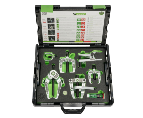 Комплект для обслуживания передней части автомобиля, предназначенный для снятия и обслуживания поворотных рычагов, шаровых шарниров, рулевых тяг и подшипников колес. KUKKO K-127-A/6