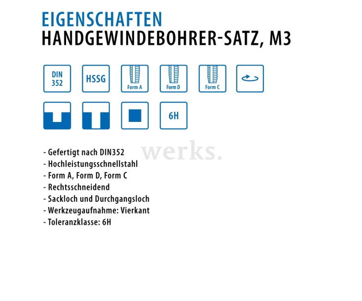 Ручные метчики набором DIN 352 HSSG M 3 Werks W.210260