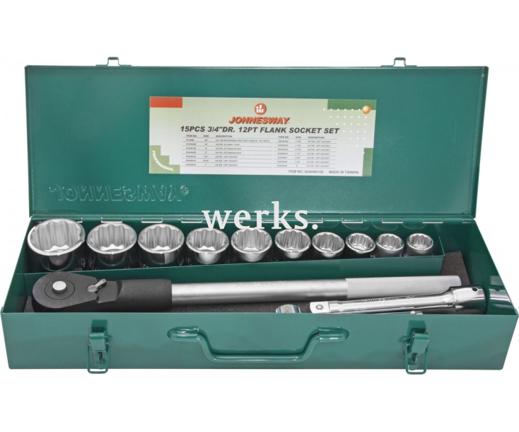 Набор торцевых головок дюймовых с трещоткой, квадрат 3/4"DR, 7/8" - 2", 15 предметов Jonnesway S04H6615S