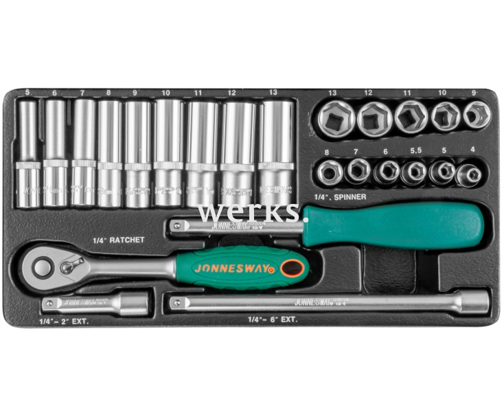 Набор торцевых головок с трещоткой, квадрат 1/4"DR, 4-13 мм, 25 предметов Jonnesway S04H2125S