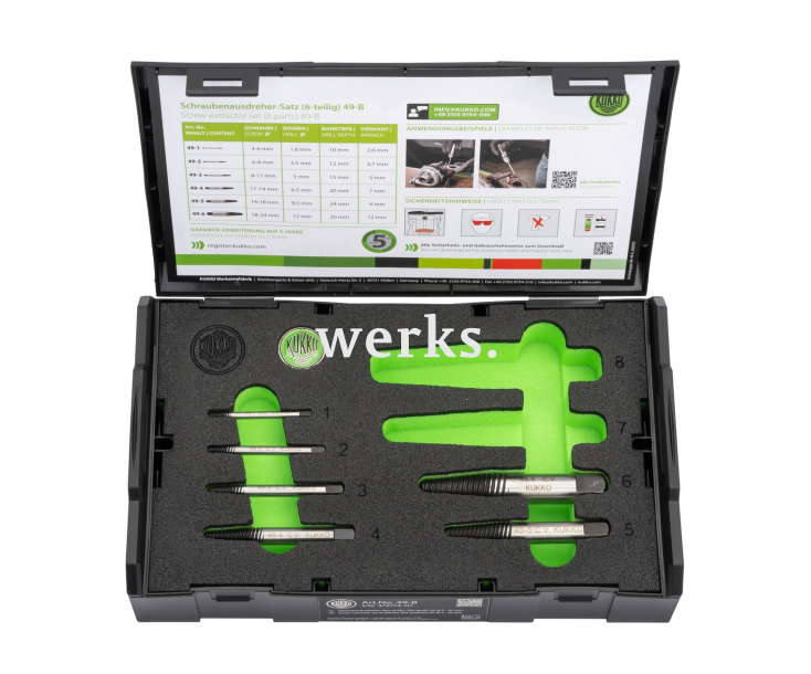 Набор экстракторов со свёрлами и направляющими втулками KUKKO 49-B