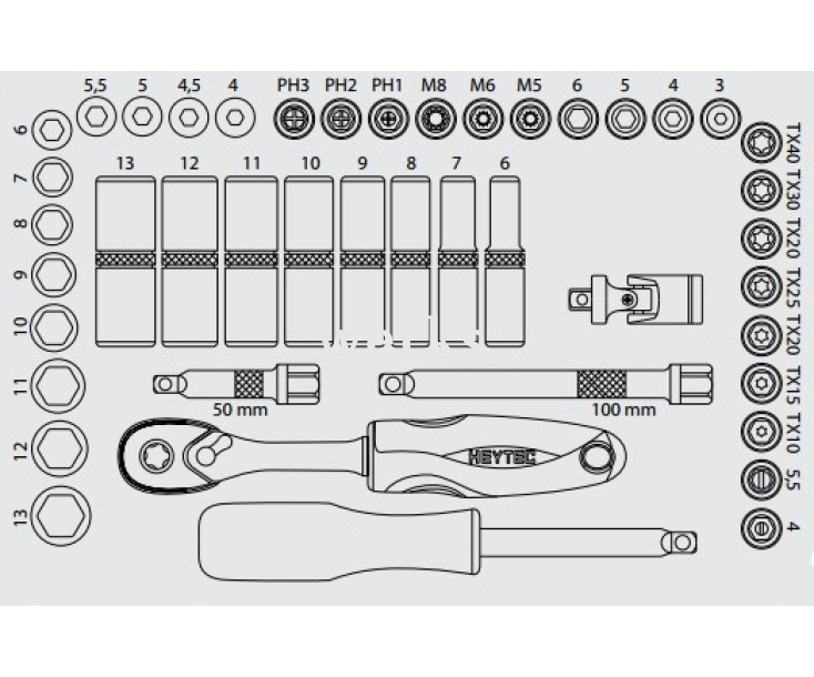 Набор торцовых головок 1/4" 50825-3015 Heyco (HEYTEC) HE-50825301583 44 предмета