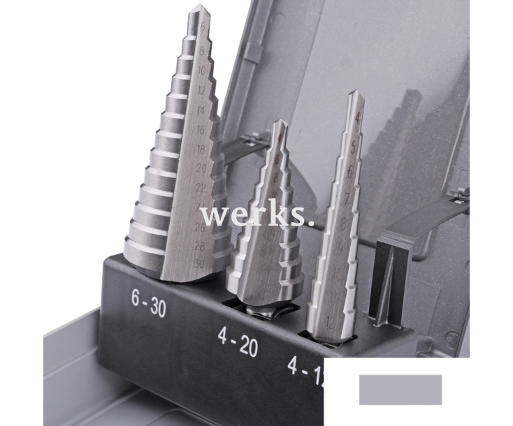 Набор ступенчатых свёрл 4-12  4-20  6-30 mm, HSSE, прямое Werks W.8020060