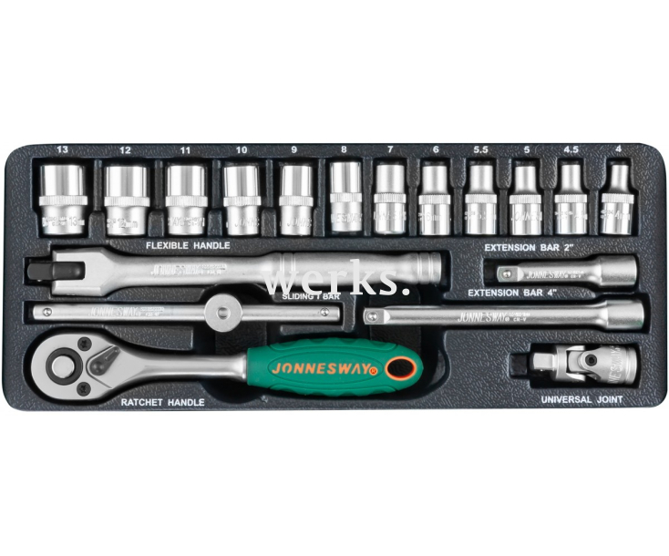 Набор торцевых головок с трещоткой, квадрат 1/4"DR, 4-13 мм, 18 предметов Jonnesway S04H2118S