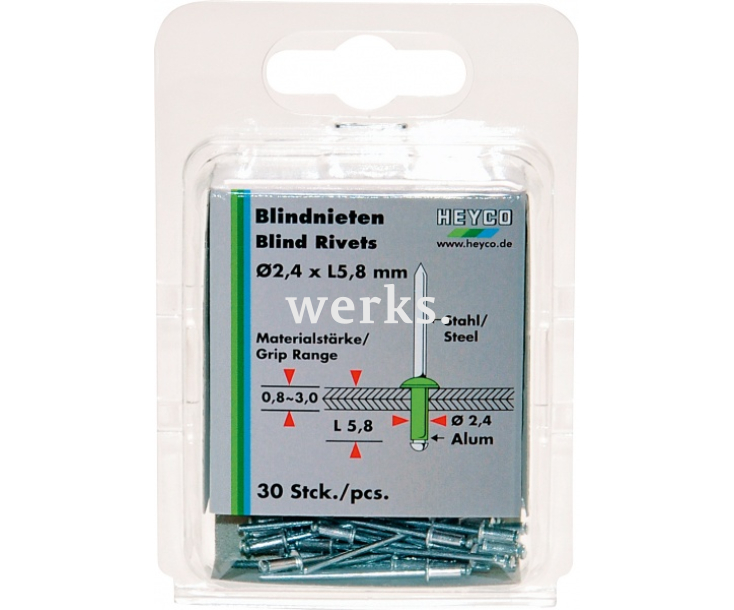 Набор с заклепочником для заклепок с потайным буртиком 3,2 мм Heyco HE-01262320100 30 шт.