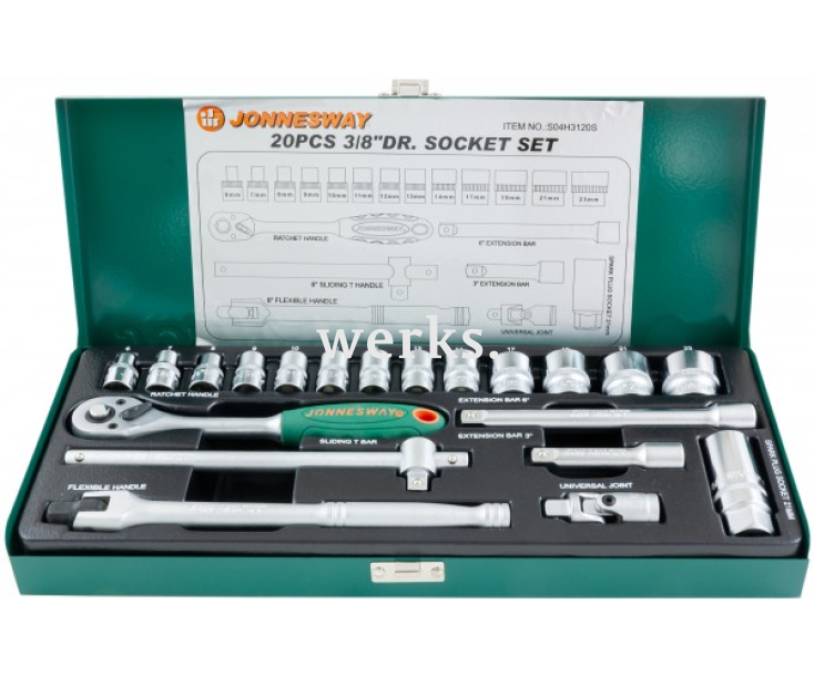 Набор торцевых головок с трещоткой, квадрат 3/8"DR, 6-23 мм, 20 предметов Jonnesway S04H3120S
