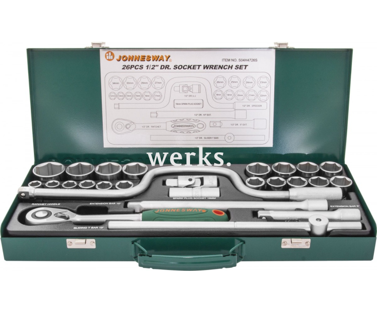 Набор торцевых головок с трещоткой, квадрат 1/2"DR, 12-34 мм, 26 предметов Jonnesway S04H4726S