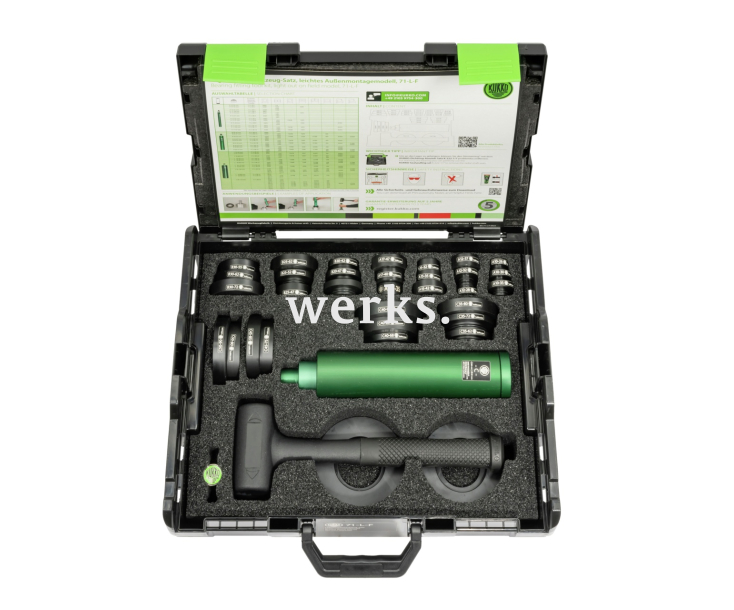 Набор инструментов для установки подшипников с молотком с мягким бойком, облегченная модель для наружного монтажа, для шарикоподшипников с внутренним диаметром 10 - 50 мм, наружным диаметром 26 - 110 мм KUKKO 71-L-F