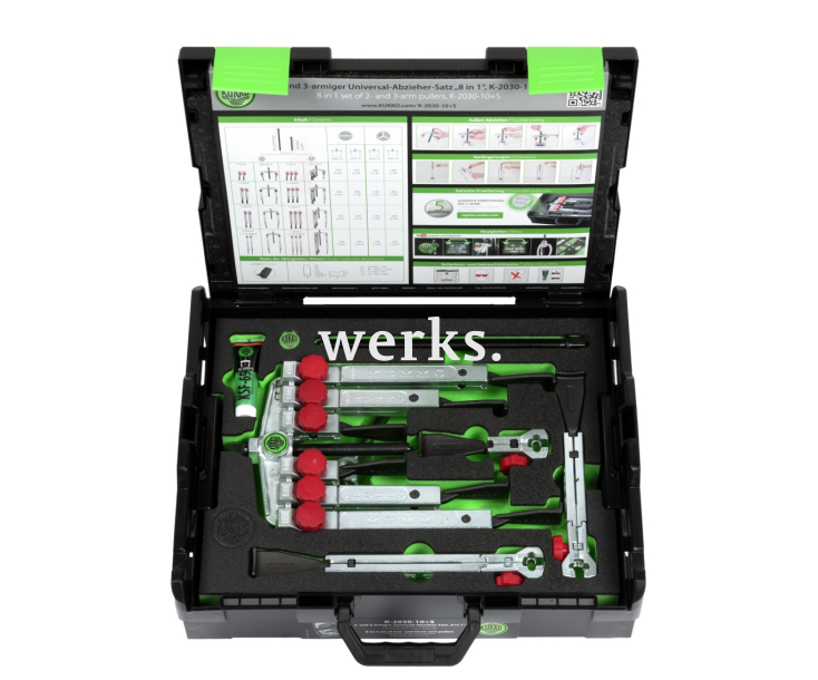 Набор универсальных двух- и трехзахватных съемников с узкими, быстрорегулируемыми захватами KUKKO K-2030-10+S