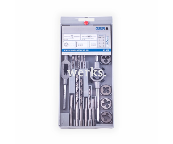 20-пр. Набор метчиков, плашек, свёрл M3 - M12 HSS Werks W.1412100