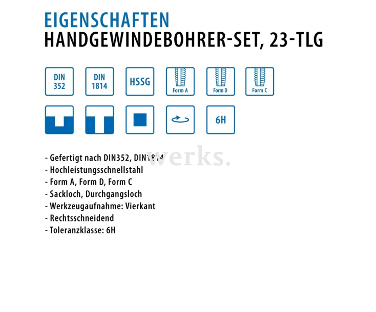 23-пр. Ручные метчики набором M3-M12 Werks W.1416100