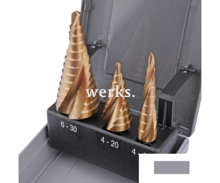 Набор ступенчатых свёрл 4-12  4-20  6-30 mm, HSSE TiN, винтовое Werks W.8020280