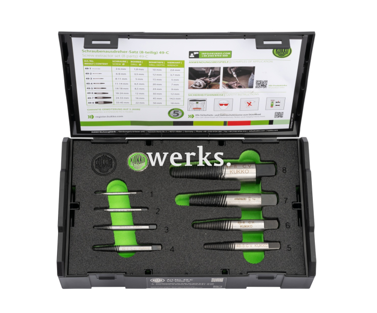Набор экстракторов со свёрлами и направляющими втулками KUKKO 49-C