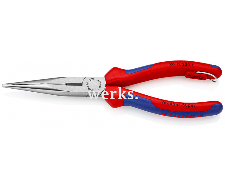 Круглогубцы с прямыми плоскими длинными губками, с режущей кромкой Knipex KN-2612200T со страховочным креплением