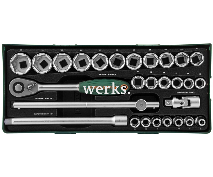 Набор торцевых головок с трещоткой, квадрат 1/2"DR, 8-34 мм, 28 предметов Jonnesway S04H4728SP