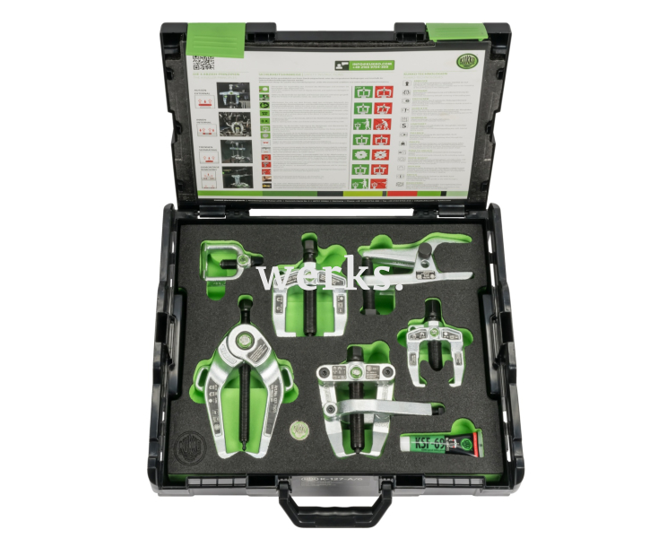 Комплект для обслуживания передней части автомобиля, предназначенный для снятия и обслуживания поворотных рычагов, шаровых шарниров, рулевых тяг и подшипников колес. KUKKO K-127-A/6