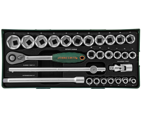 Набор торцевых головок с трещоткой, квадрат 1/2"DR, 8-34 мм, 28 предметов Jonnesway S04H4728SP