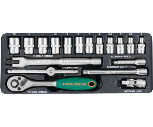 Набор торцевых головок с трещоткой, квадрат 1/4"DR, 4-13 мм, 18 предметов Jonnesway S04H2118S