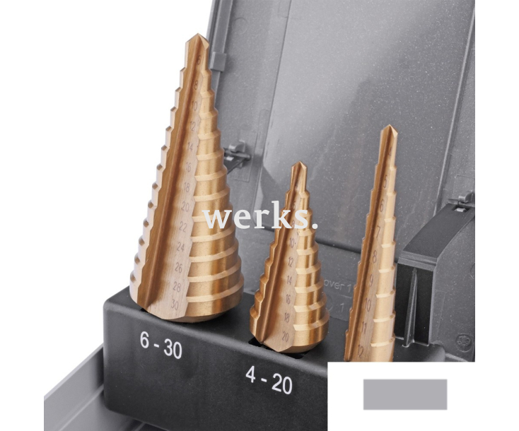 Набор ступенчатых свёрл 4-12  4-20  6-30 mm, HSSE TiN, прямое Werks W.8020080
