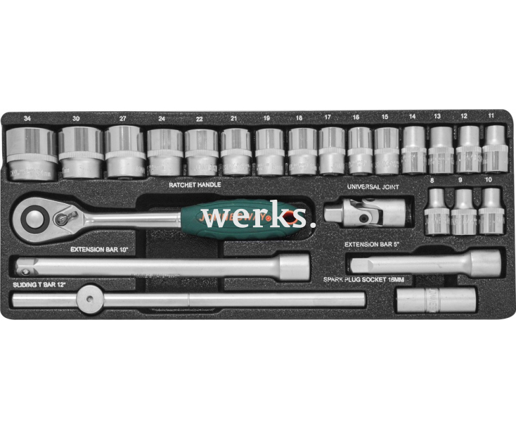 Набор торцевых головок с трещоткой, квадрат 1/2"DR, 8-34 мм, 24 предмета Jonnesway S04H4724S