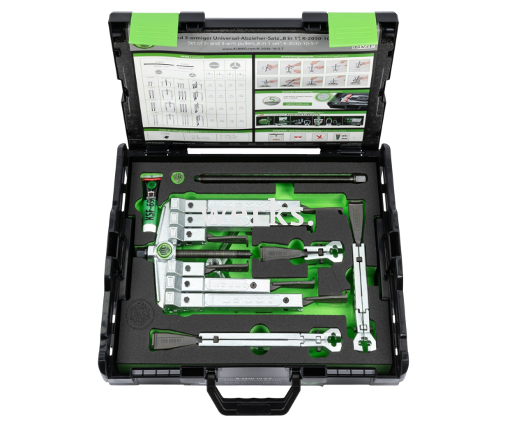 Универсальный двух- и трёхзахватный съёмник с особо узкими захватами, в наборе KUKKO K-2030-10-S-T