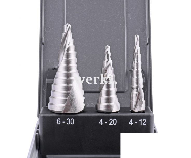 Набор ступенчатых свёрл 4-12  4-20  6-30 mm, HSSE, винтовое Werks W.8020260