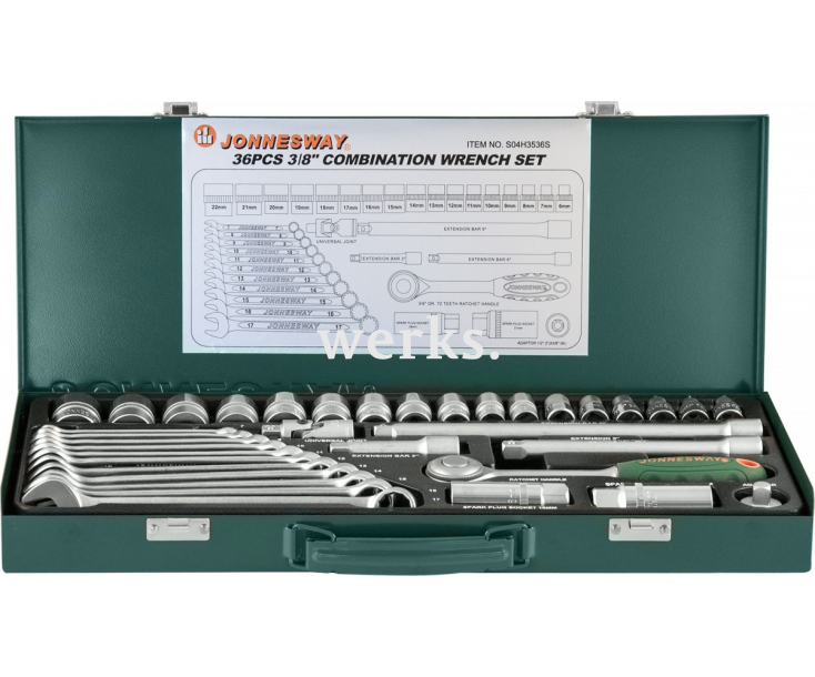Набор торцевых головок с трещоткой, квадрат 3/8"DR и ключей, 36 предметов Jonnesway S04H3536S