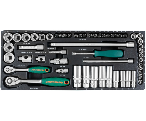 Набор торцевых головок с трещоткой, квадрат 1/4" и 3/8"DR, 4-24 мм, 57 предметов Jonnesway S04H3157S