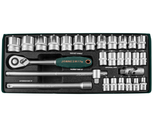 Набор торцевых головок с трещоткой, квадрат 1/2"DR, 8-34 мм, 28 предметов Jonnesway S04H4728S