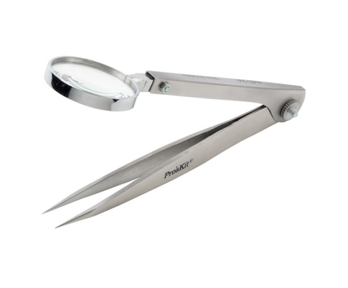 Пинцет прямой антимагнитный с лупой Proskit 1PK-TZ015