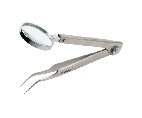 Пинцет изогнутый антимагнитный с лупой Proskit 1PK-TZ017