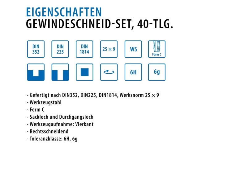 40-пр. Набор метчиков, плашек, свёрл M3 - M12 XC Werks W.1412080