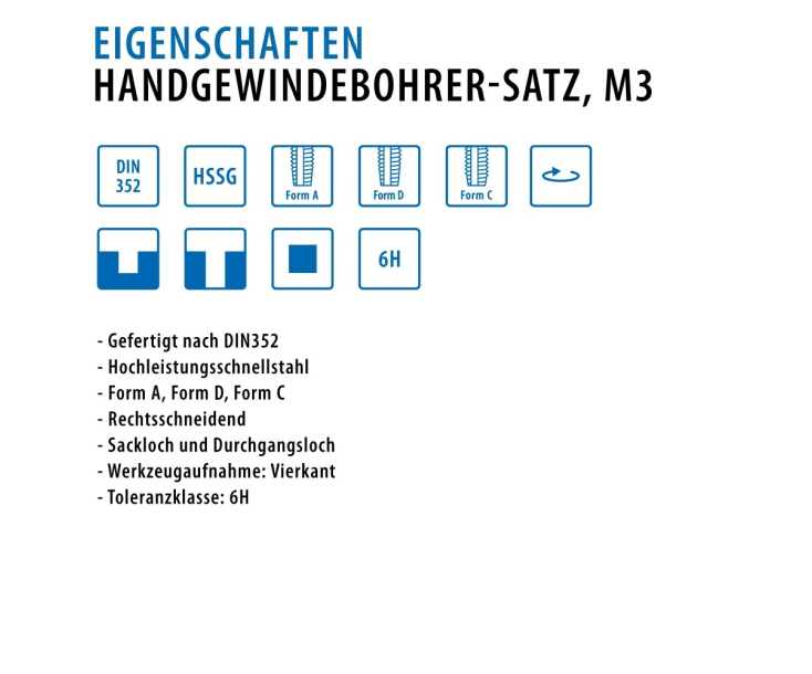Ручные метчики набором DIN 352 HSSG M 3 Werks W.210260