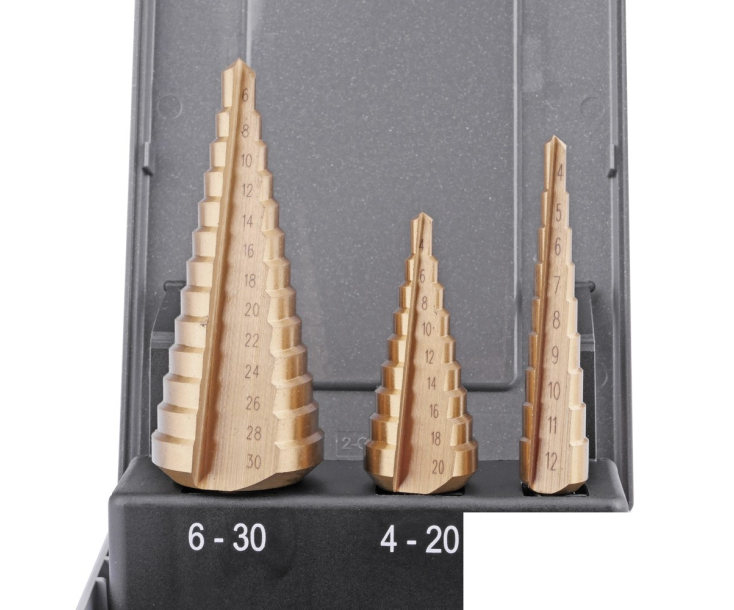 Набор ступенчатых свёрл 4-12 4-20 6-30 mm, HSSE TiN, прямое Werks W.8020080