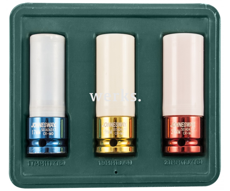 Набор головок торцевых ударных глубоких для лекгосплавных колесных дисков 1/2"DR, 17,19,21 мм Jonnesway S03AD4303S