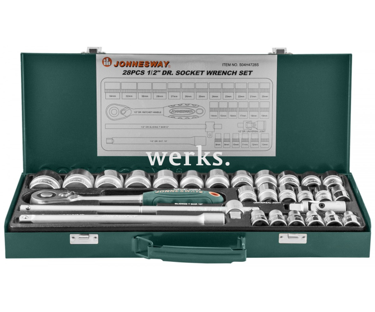 Набор торцевых головок с трещоткой, квадрат 1/2"DR, 8-34 мм, 28 предметов Jonnesway S04H4728S