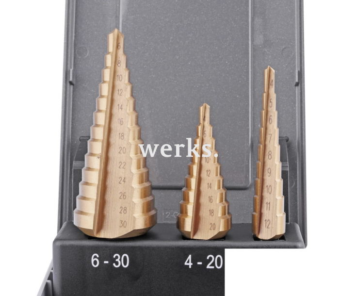 Набор ступенчатых свёрл 4-12  4-20  6-30 mm, HSSE TiN, прямое Werks W.8020080